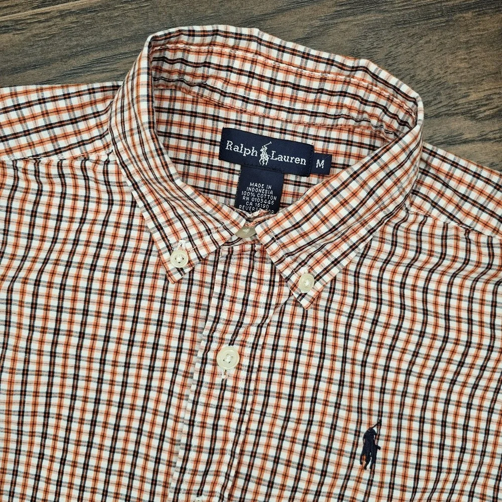 Ralph Lauren Boys Medium Button Up Orange Plaid Short Sleeve Shirt Preppy Casual